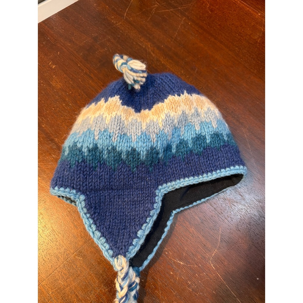 Erin Knitwear Ireland Blue Wool Earflap Beanie Fleece Lined Tassel Winter Hat